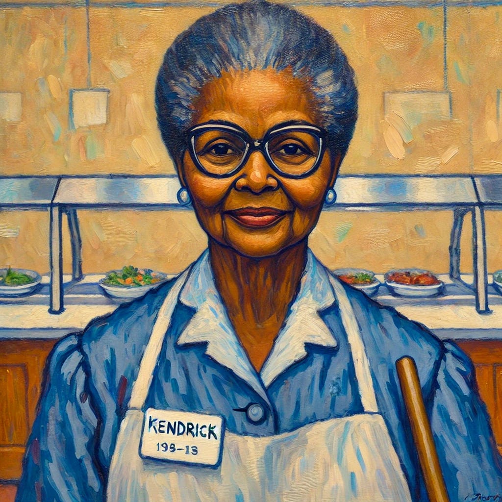 A Fauvist-style painting of an older but slightly built Black woman in her mid to late 60s with rectangular glasses. She wears a blue smock uniform with a white name tag that reads 'Kendrick.' She holds a broom in her hand and looks beatifically, radiating pride. The setting is a dining hall with light beige-colored walls, near a salad bar. The painting features bold, vibrant colors and expressive brushstrokes in the Fauvist tradition.