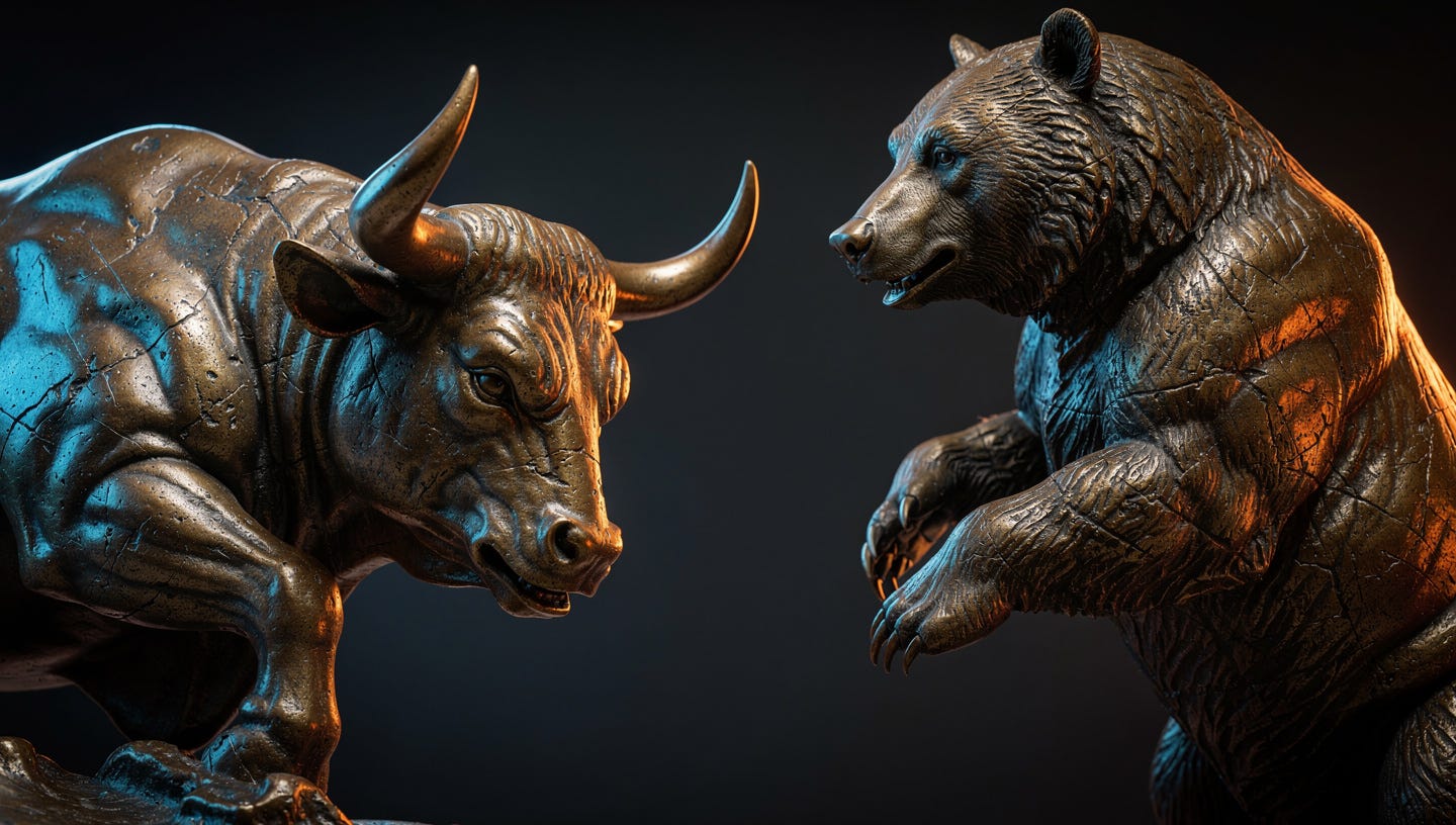 Hyper-realistic close-up of two bronze statues facing each other: a charging bull and a standing bear, symbols of the stock market, metallic textures, dramatic studio lighting with blue and orange rim lights, dark background, sharp focus, 4k, financial concept art --ar 16:9