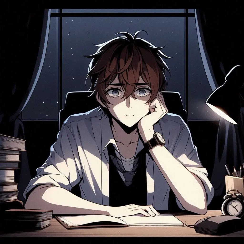 a young man with brown sitting at his desk in the middle of the night looking a little stressed. anime art style dark.