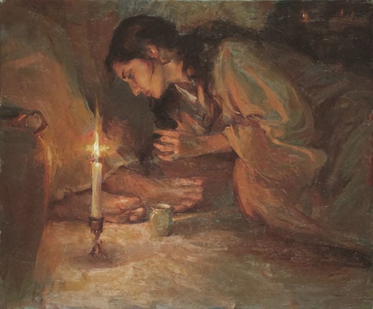 This may contain: a painting of a woman kneeling down next to a lit candle in front of her