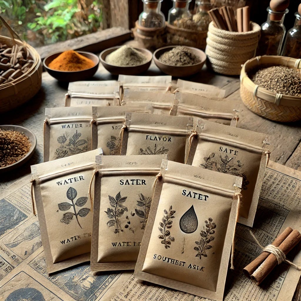 A set of individual water flavoring sachets designed to look like they were just picked up at an exotic port in Southeast Asia. Each sachet is made from natural tan recycled paper with a slightly rough texture, featuring minimalistic hand-stamped lettering in dark ink. The design includes subtle botanical motifs, such as leaves or flowers, and a small logo of a leaf or water droplet. The sachets are neatly arranged with some tied in small bundles using natural string. The background shows a Southeast Asian market scene with woven baskets, spices, and warm wooden tones.