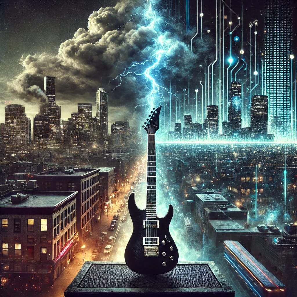 An artistic representation of Highly Suspect's album *As Above, So Below*, blending gritty rock elements with a modern, moody atmosphere. In the foreground, an electric guitar stands against a dark urban backdrop with neon-lit city streets. Above, the sky is split, one half showing stormy clouds and the other half a digital, futuristic skyline. The image captures both the raw energy and introspective themes of the album, with lightning crackling in the distance and glowing electronic textures fading into the sky. Dark tones, glowing elements, and an intense, edgy vibe dominate the scene.