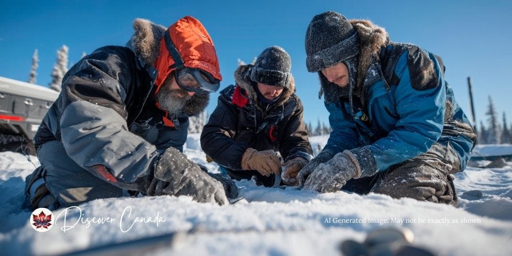 Archaeologists in the Arctic examining artifacts from the Franklin Expedition in the snow. Archaeologists in the Arctic examining artifacts from the Franklin Expedition in the snow.