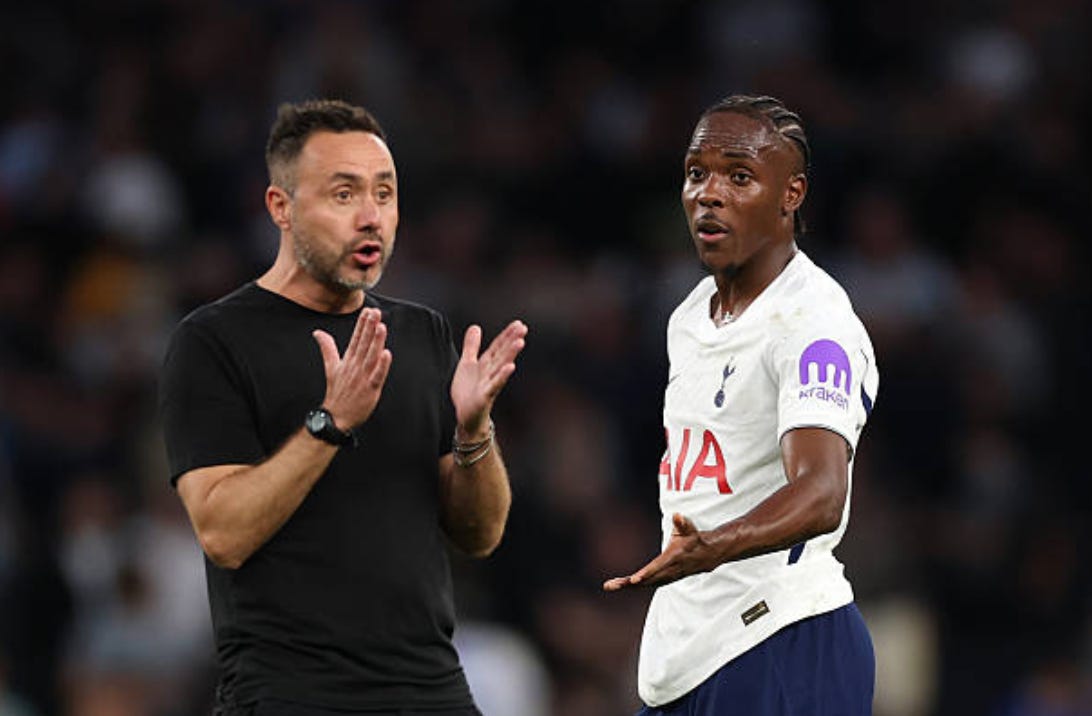 LONDON, ENGLAND - SEPTEMBER 12: Roberto De Zerbi, Manager of Tottenham Hotspur, interacts with Mathys Tel of Tottenham Hotspur after during the Premier League 2026/27 match between Tottenham Hotspur and Everton at Tottenham Hotspur Stadium on September 12, 2026 in London, England. (Photo by Justin Setterfield/Getty Images)