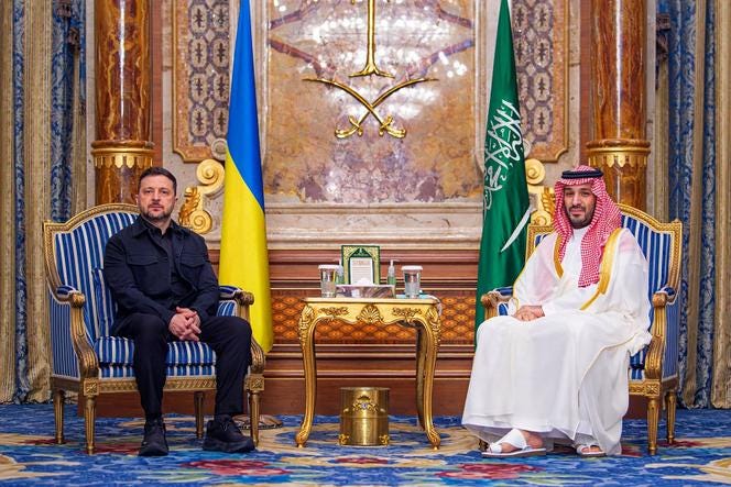 This handout photo released by the Saudi Press Agency (SPA) on April 24, 2026 shows Saudi Arabia's Crown Prince Mohammed bin Salman (R) meeting with Ukraine's President Volodymyr Zelensky, in Jeddah.