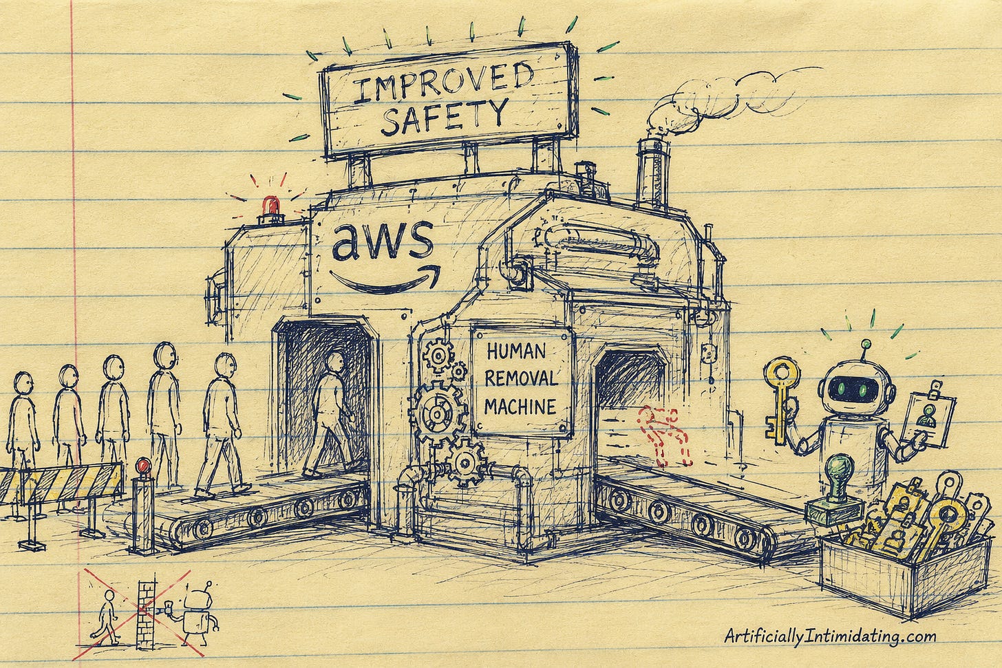 Editorial cartoon showing a giant AWS-branded "Human Removal Machine" processing workers through a factory line while an AI agent emerges holding keys, security credentials, and approval stamps beneath a sign promoting improved safety. The sketch highlights concerns about replacing human oversight with autonomous AI systems.