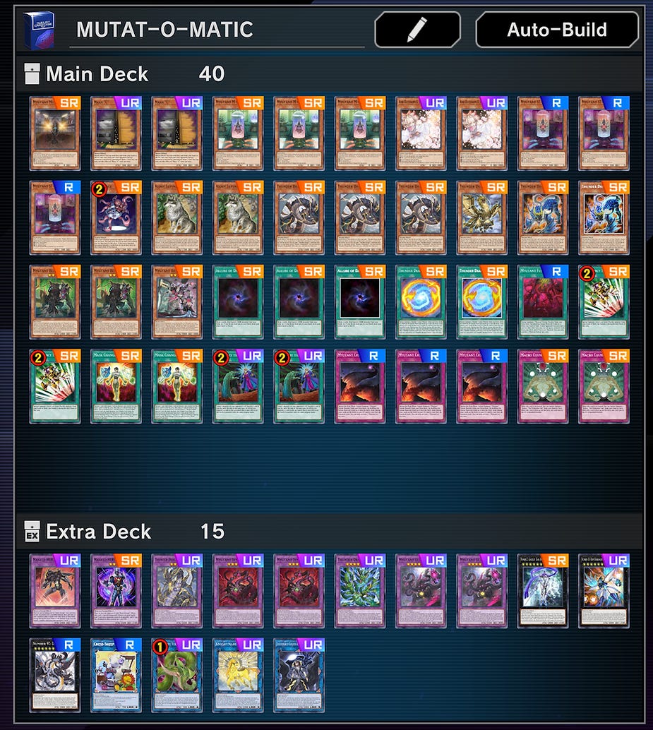 Card game deck labeled "MUTAT-O-MATIC" with 40 main and 15 extra cards. Features colorful card images with rarity markers and text.