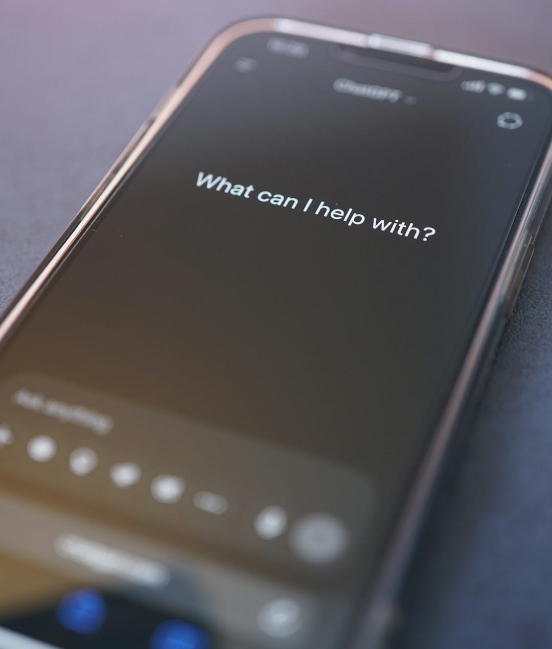 Phone screen asks: "what can i help with?" Phone screen asks: "what can i help with?"