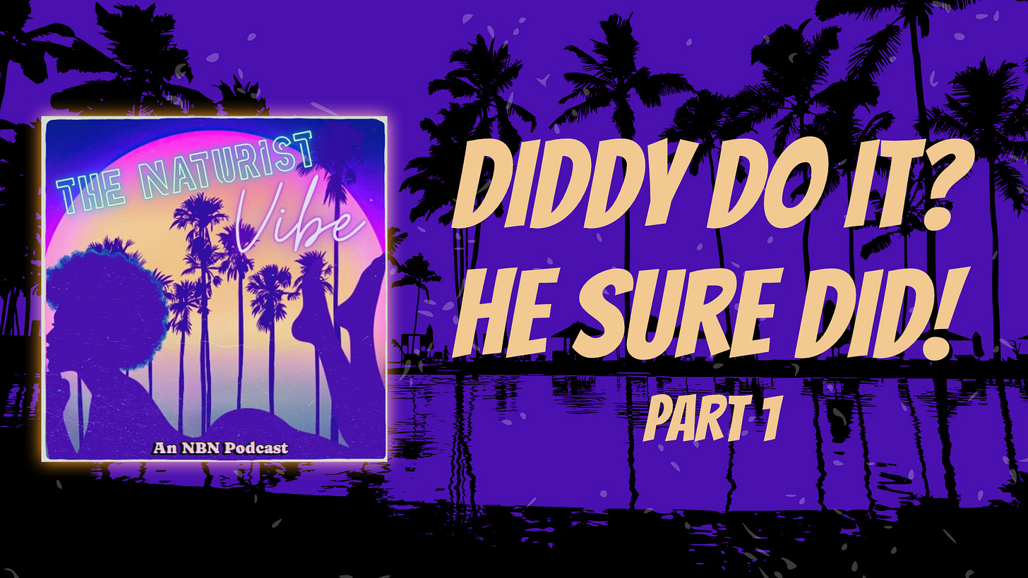 A podcast thumbnail with a dark purple background featuring silhouettes of palm trees and water reflections. On the left is the square cover art for 'The Naturist Vibe' podcast, depicting a neon synthwave sunset and a reclining silhouette. To the right, large beige text reads 'DIDDY DO IT? HE SURE DID! PART 1'.
