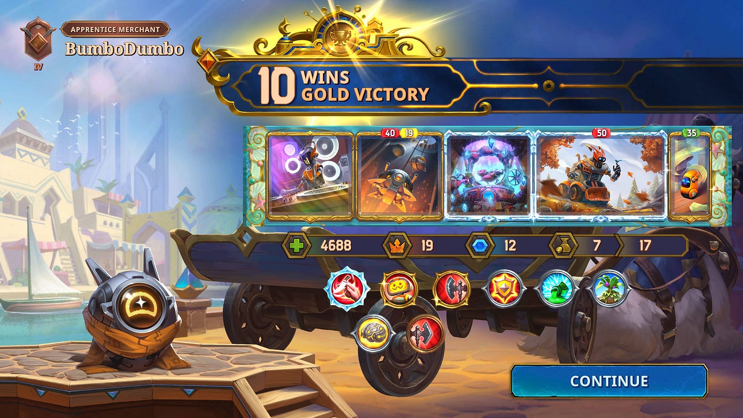 A 10 wins gold victory as Dooley, displaying the items and skills used, as well as the max health.