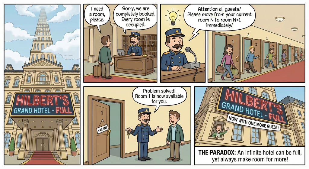 Comic illustrating Hilbert’s Grand Hotel paradox. A man asks for a room in a fully occupied infinite hotel. The manager announces that every guest should move from room N to room N+1, freeing room 1. The man gets the newly freed room, and the hotel sign updates to say it’s full “with one more guest.” The caption explains that an infinite hotel can be full yet still make room for more. Comic illustrating Hilbert’s Grand Hotel paradox. A man asks for a room in a fully occupied infinite hotel. The manager announces that every guest should move from room N to room N+1, freeing room 1. The man gets the newly freed room, and the hotel sign updates to say it’s full “with one more guest.” The caption explains that an infinite hotel can be full yet still make room for more.