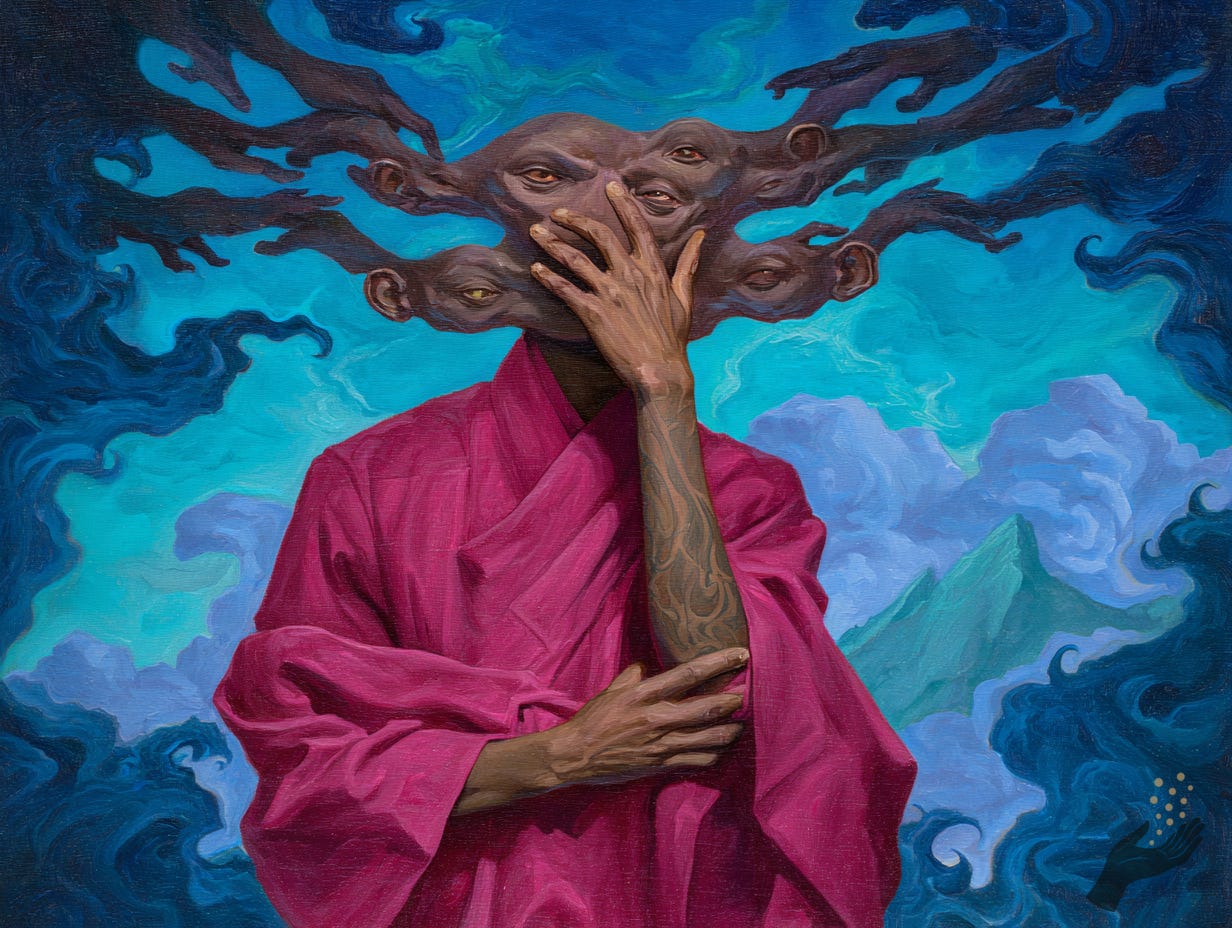 A figure in a bright pink robe holds one hand over the face while several faces extend outward from the head against a blue sky-like background with dark swirling forms.