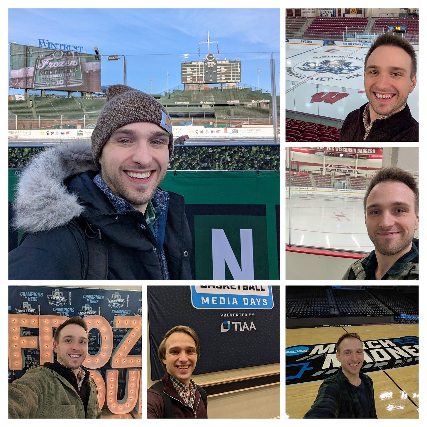 A collage of images of myself at various Wisconsin basketball and hockey events. Images include a picture of myself at the outdoor game covering the Wisconsin hockey teams at Wrigley Field, the women's hockey team at the Frozen Four and regular season games, Big Ten basketball media days, and Wisconsin's first weekend of March Madness in Denver