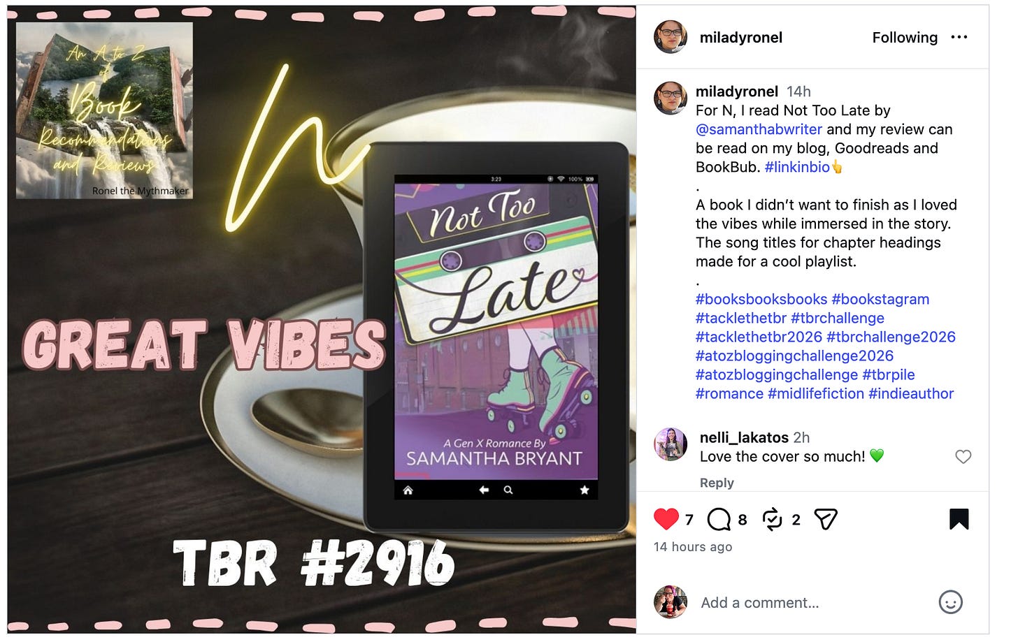 Screenshot of an Instagram post touting "great vibes" in Not Too Late. Screenshot of an Instagram post touting "great vibes" in Not Too Late.