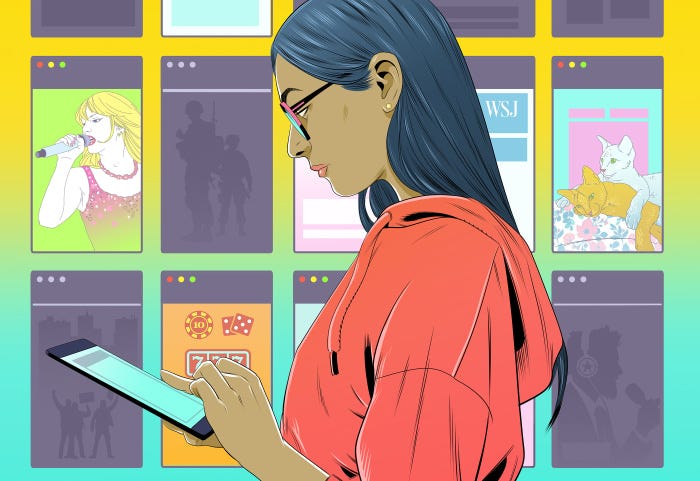 Illustration of a person on a tablet surrounded by various digital content screens, including a singer, soldiers, cats, and news. Illustration of a person on a tablet surrounded by various digital content screens, including a singer, soldiers, cats, and news.