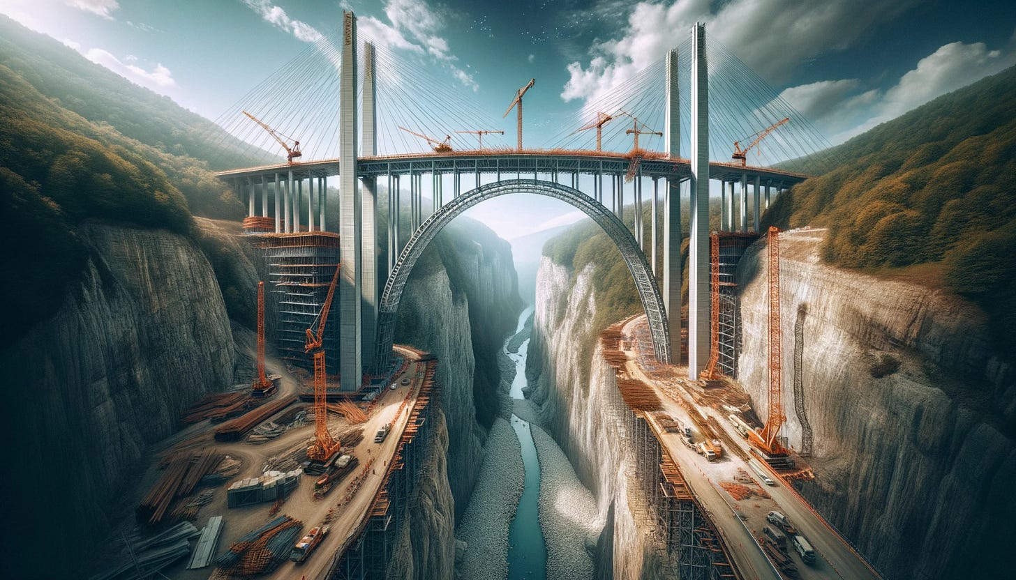 A wide-angle photograph of a modern bridge under construction, spanning a vast chasm. The scene is imbued with symbolism, as the bridge represents the bridging of divides, an apt metaphor for an independence movement. The bridge features sleek, contemporary design elements, with towering steel beams and cables in the process of being secured. The chasm itself is a dramatic natural gorge, hinting at the significant obstacles that must be overcome. The surrounding landscape is a mix of rugged natural beauty and the organized chaos of a construction site, with cranes and workers in high-visibility vests dotting the scene.