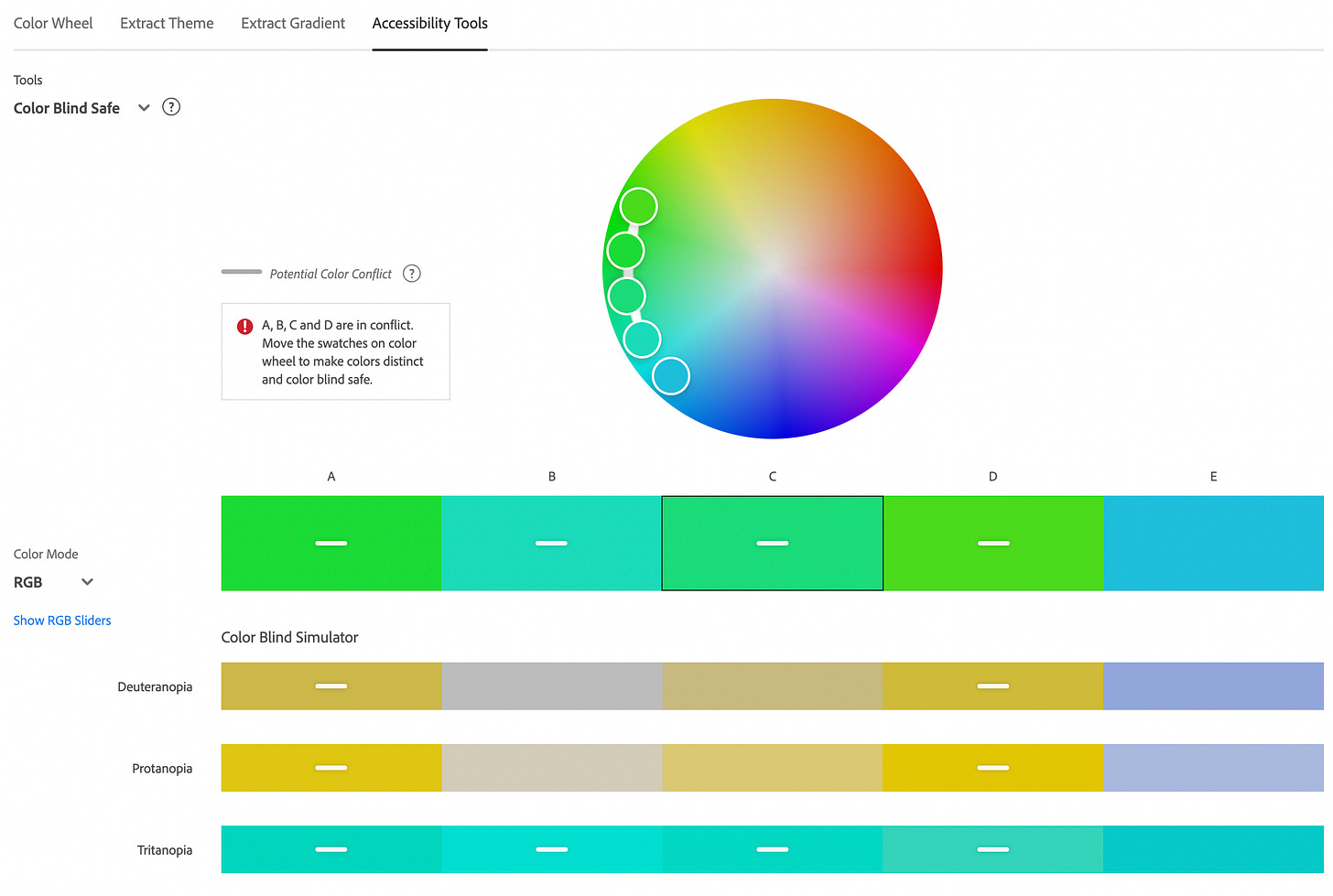 Screenshot of Adobe Color Color Blind Safe tool Screenshot of Adobe Color Color Blind Safe tool