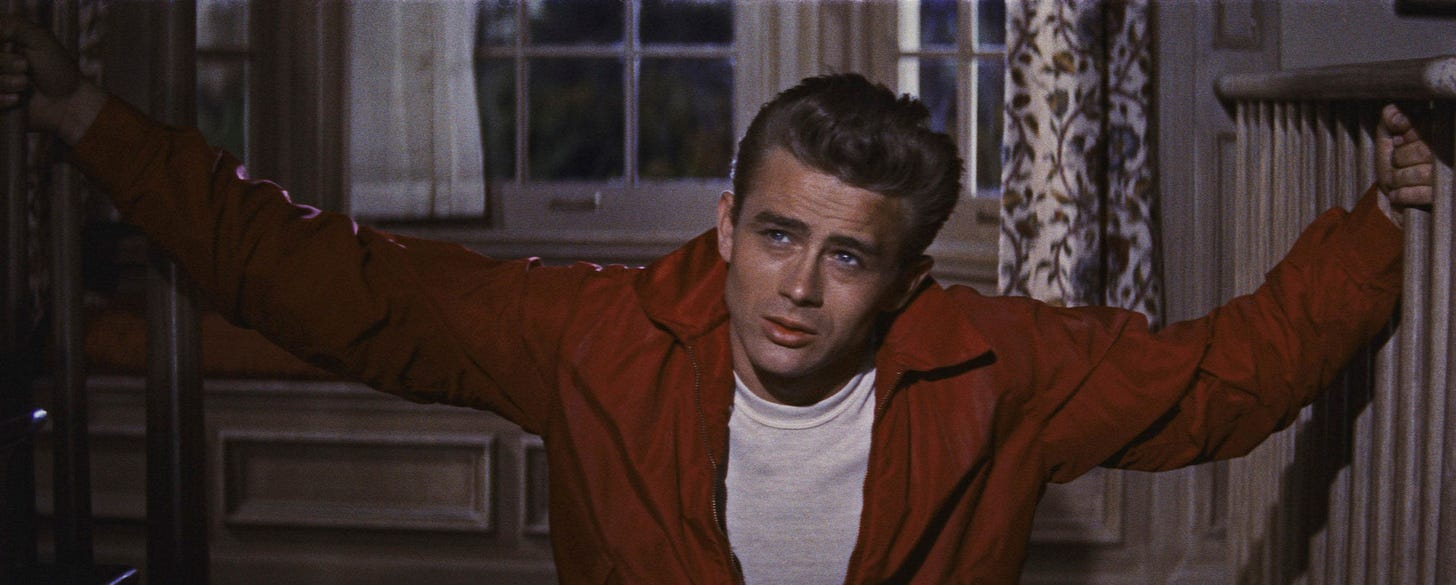 Movie still from Rebel Without a Cause. A young dark-haired man in a bright red windbreaker grips two rails on opposite bannisters, while looking up off-screen.