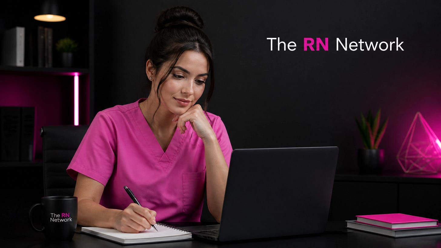 Real human nurse in pink or neutral scrubs thoughtfully reviewing job options on a laptop with the RN Network logo on-brand Real human nurse in pink or neutral scrubs thoughtfully reviewing job options on a laptop with the RN Network logo on-brand