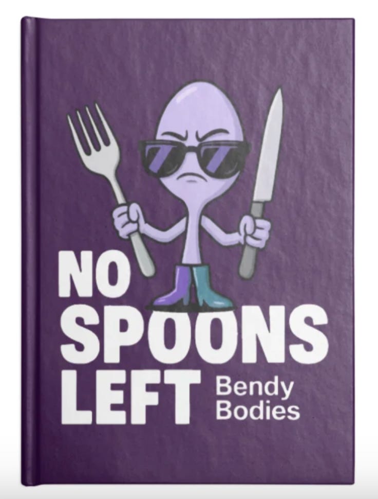 Photo of a purple journal with the phrase 'No Spoons Left' in bold white text and a cartoon-style angry purple spoon with a frowning face on the cover.