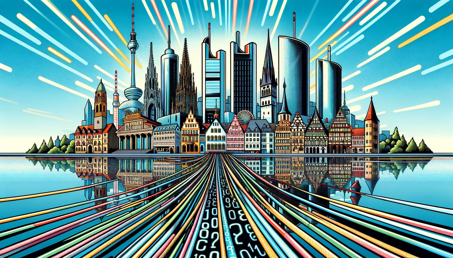 Auf der Illustration sind verschiedenen typische Gebäude aus ganz Deutschland zu sehen. Im Vordergrund ist ein See über den verschiedenen Kabel zu den Gebäuden laufen.