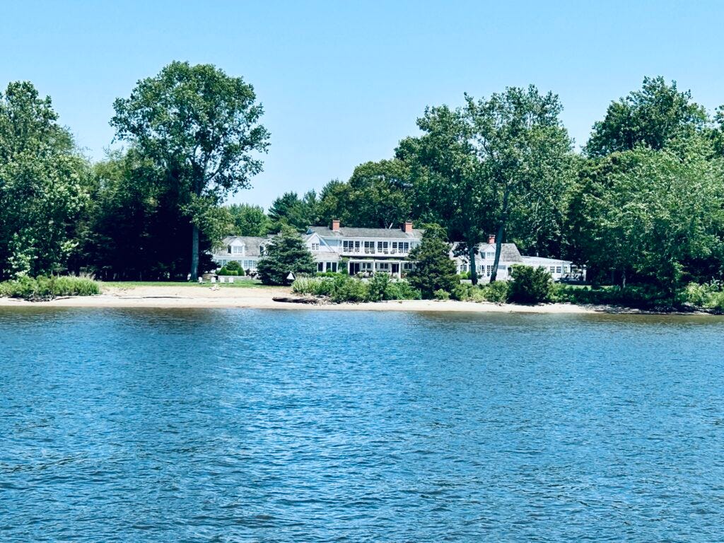 house, water, trees, sky