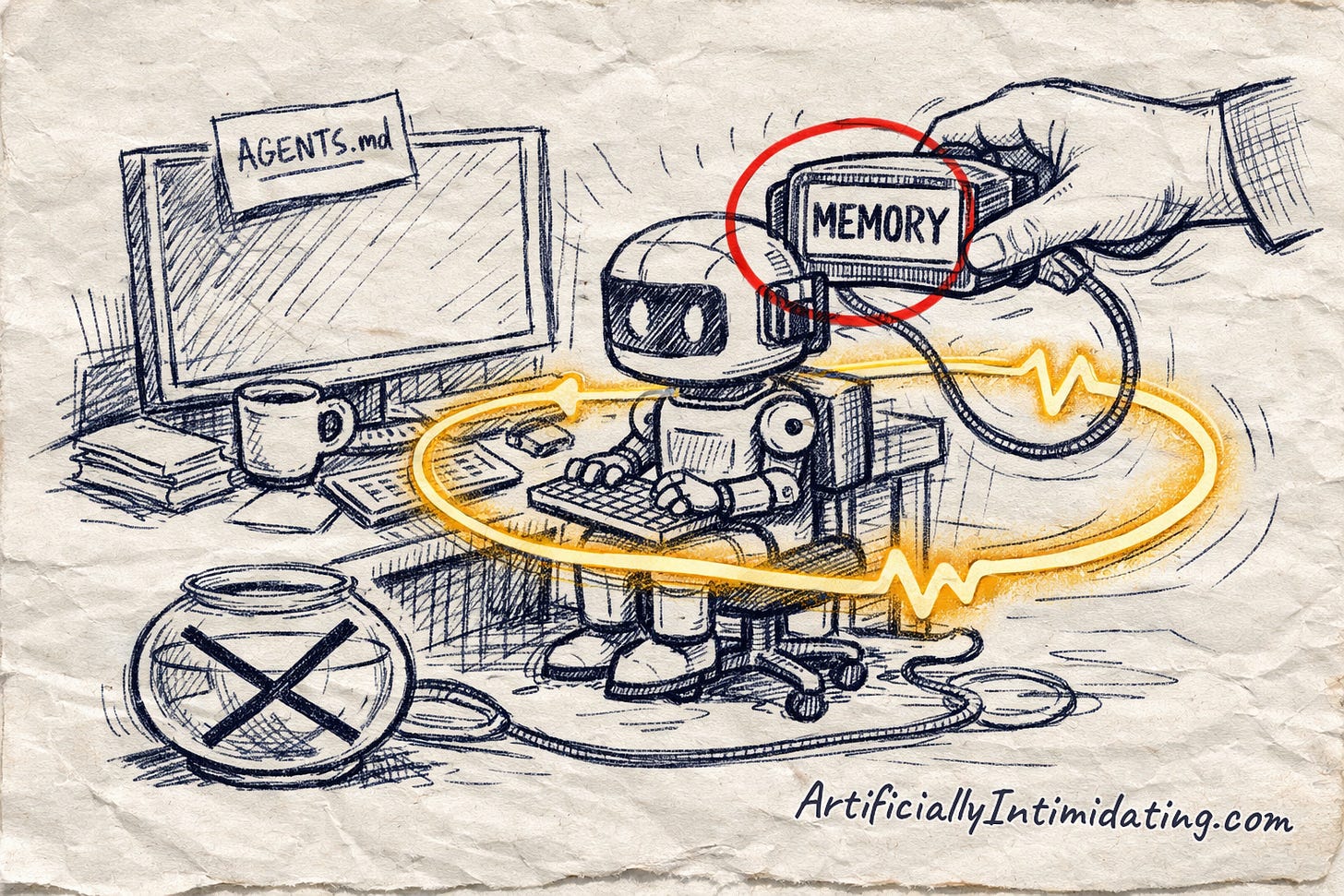 A hand plugs a MEMORY drive into a coding robot wrapped in a looping cable, an empty goldfish bowl crossed out on the floor
