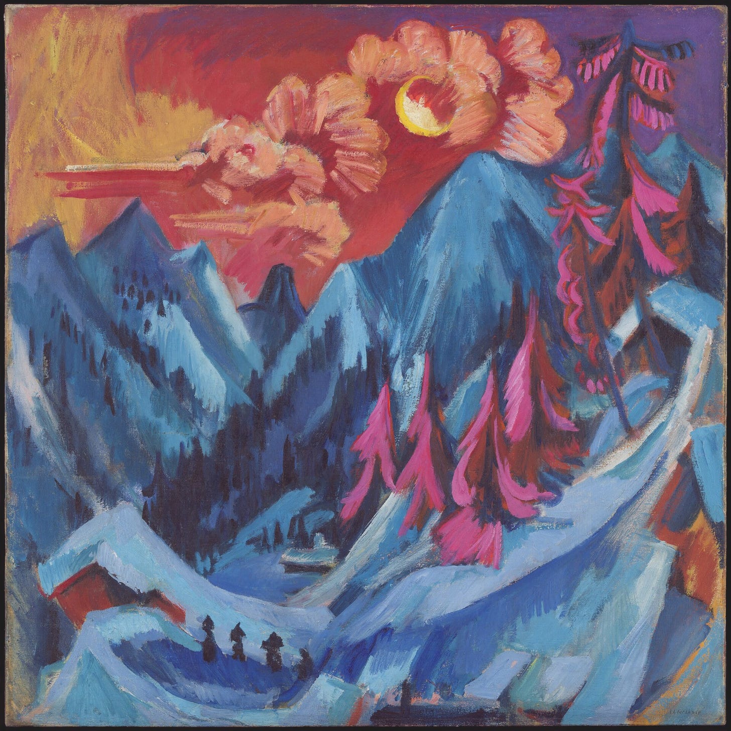A snowy mountain valley painted in blue, turquoise and lilac, with pink trees and a moon in a red sky A snowy mountain valley painted in blue, turquoise and lilac, with pink trees and a moon in a red sky
