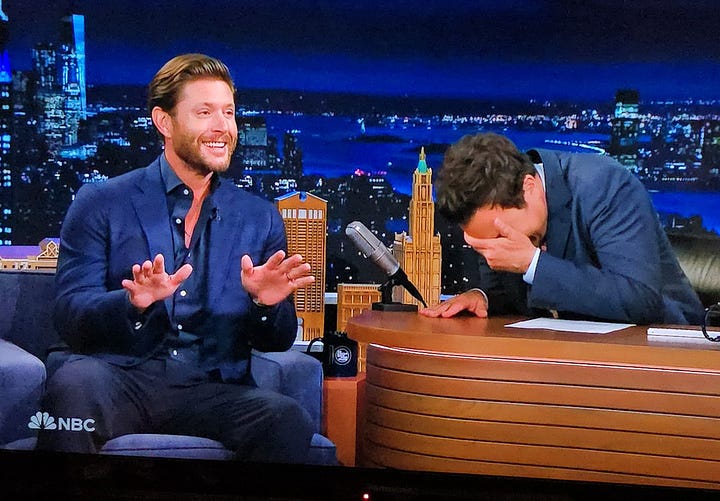 Jensen Ackles laughing with Jimmy Fallon over old modeling pictures