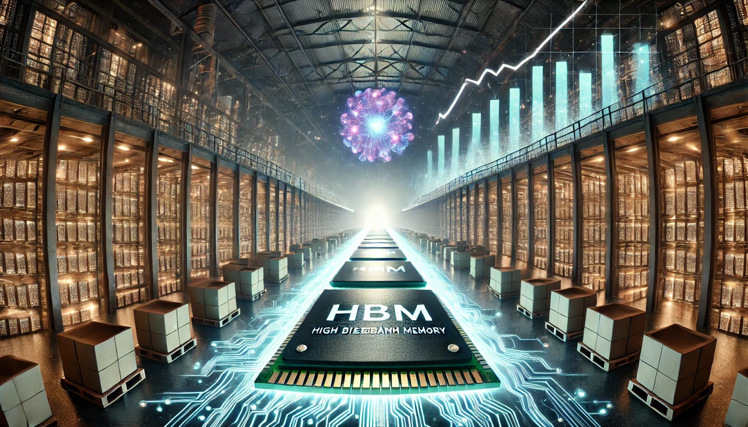 A 16:9 futuristic illustration depicting the struggling memory market contrasted with the thriving HBM (High Bandwidth Memory) sector driven by AI accelerators. The scene shows a vast, dimly lit warehouse representing the weakening traditional memory market, with dusty, outdated chips. On the opposite side, a bright, glowing zone highlights HBM chips surrounded by AI accelerator units emitting vibrant data streams. The background features digital graphs showcasing a steep decline for traditional memory and a sharp upward trend for HBM due to its essential role in AI innovation.