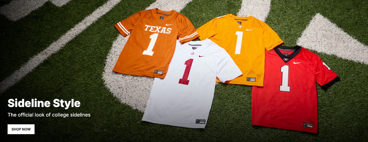 Four college football jerseys laid out on a football field, featuring Texas Longhorns burnt orange, Tennessee Volunteers orange, Alabama Crimson Tide white, and Georgia Bulldogs red fan-style jerseys with promotional “Sideline Style” text. Deals on seats, fan gear, and premium college football coverage at www.NattyRoad.com Four college football jerseys laid out on a football field, featuring Texas Longhorns burnt orange, Tennessee Volunteers orange, Alabama Crimson Tide white, and Georgia Bulldogs red fan-style jerseys with promotional “Sideline Style” text. Deals on seats, fan gear, and premium college football coverage at www.NattyRoad.com