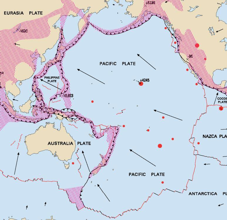 Pacific Plate boundaries and relative motion