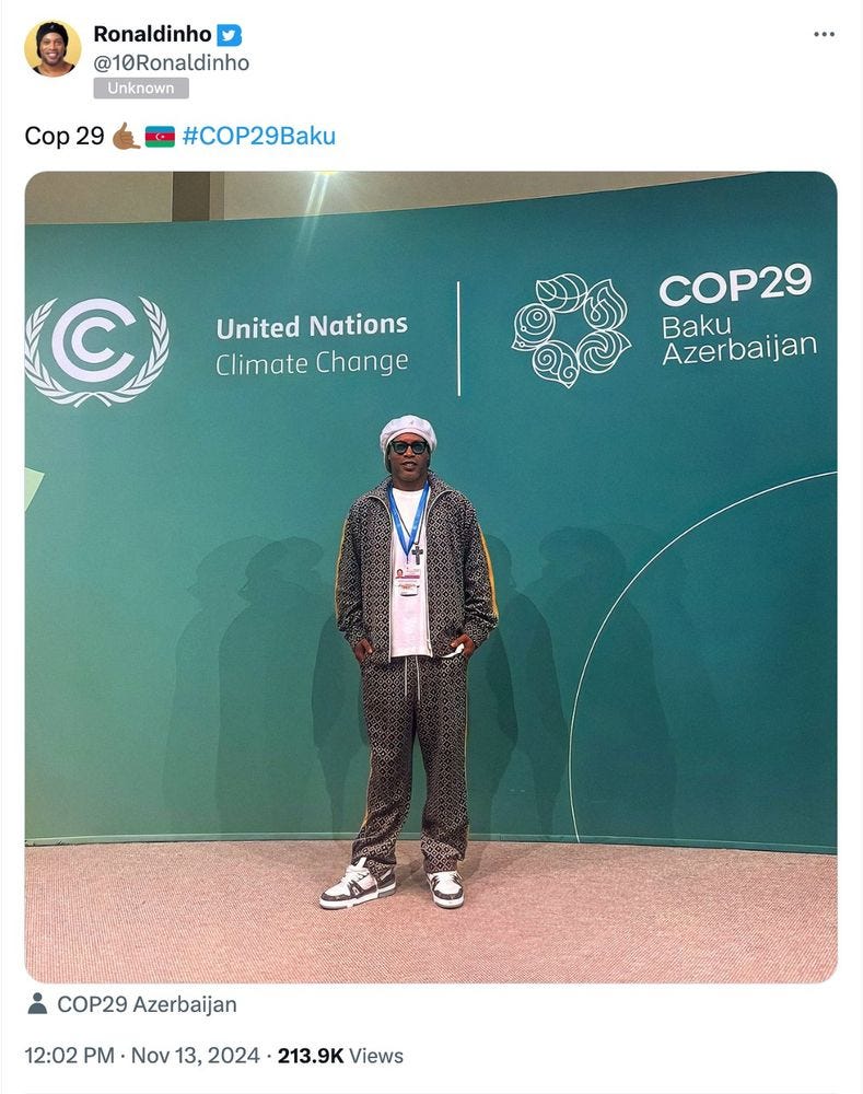 Tweet from Ronaldinho showing that he's at COP29 in Baku