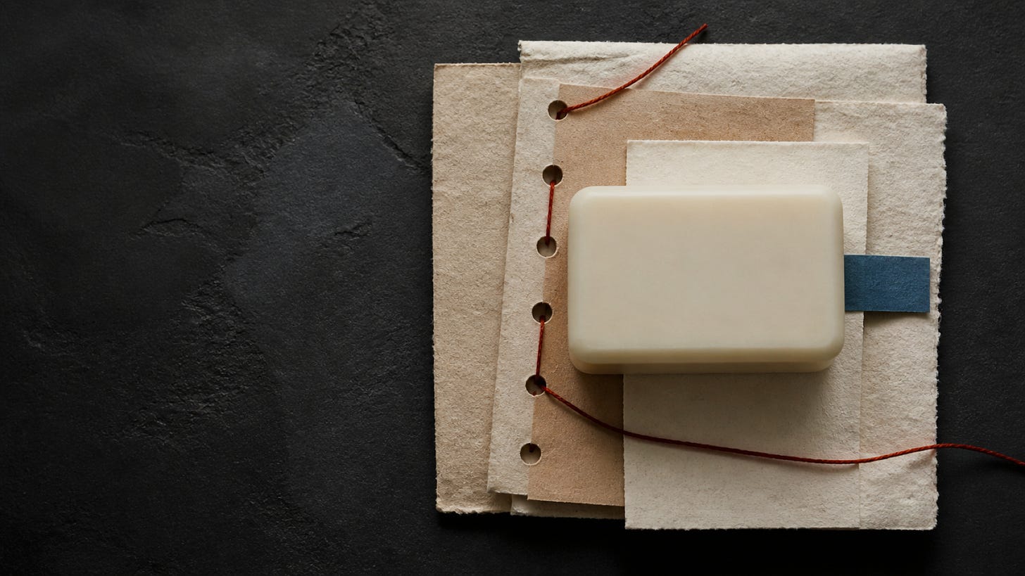 Bar of soap on stacked neutral textiles with a brown string and blue tab.