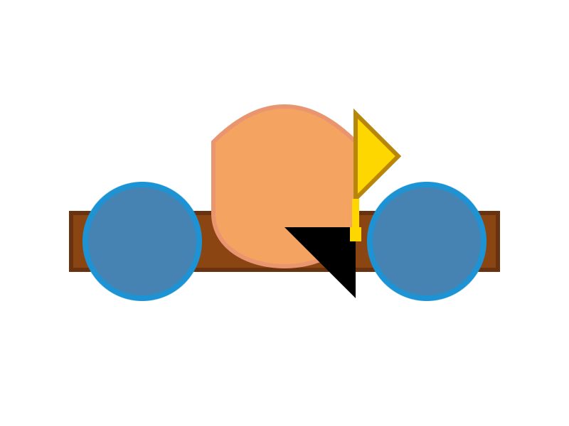Two blue circles on a brown rectangle and a weird mess of orange blob and yellow triangle for the pelican