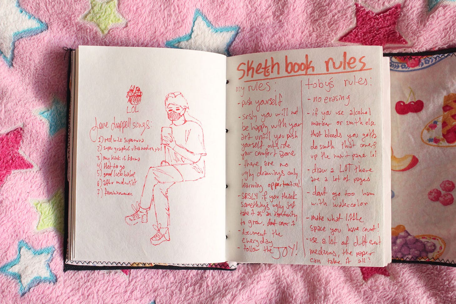 an art journal spread with a sketch of a person sitting down, a list of faveorite happell roan songs, and a list of sketchbook rules