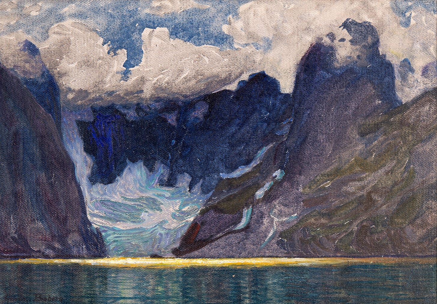 An impressionistic painting by the Swedish artist Anna Boberg depicting a mountain scene with rolling clouds in front of a lake.