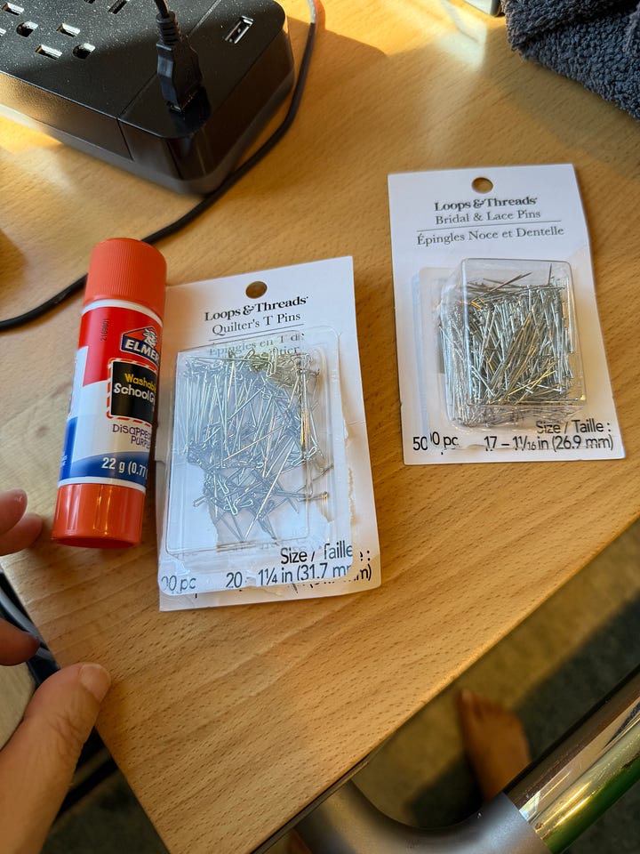 foam insulation, glue, pins, towels