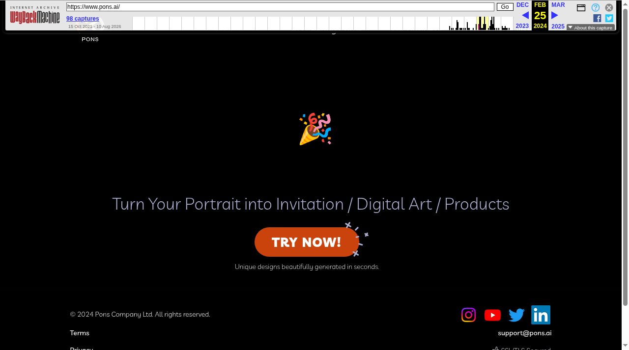 Wayback Machine capture of pons.ai dated 25 February 2024. The page reads Turn Your Portrait into Invitation, Digital Art or Products above an orange TRY NOW button. This is the first archived version selling consumer AI portraits.