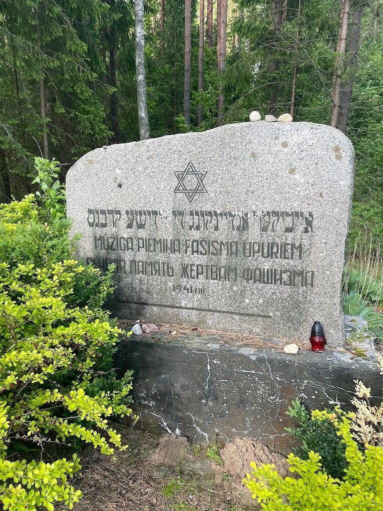 The Holocaust memorial at Lake Cirma. We left stones in the Jewish tradition to remember the victims murdered here in the summer of 1941, including my grandfather Bernard's young cousins, Isaac and Dora Sandler, whose lives were cut tragically short.