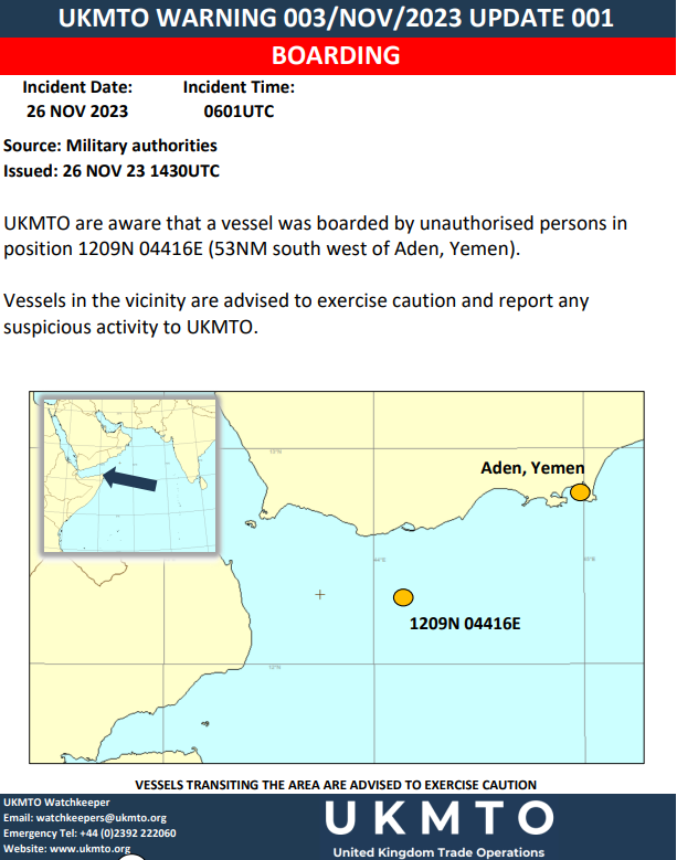 UKMTO WARNING 003/NOV/2023 UPDATE 001
