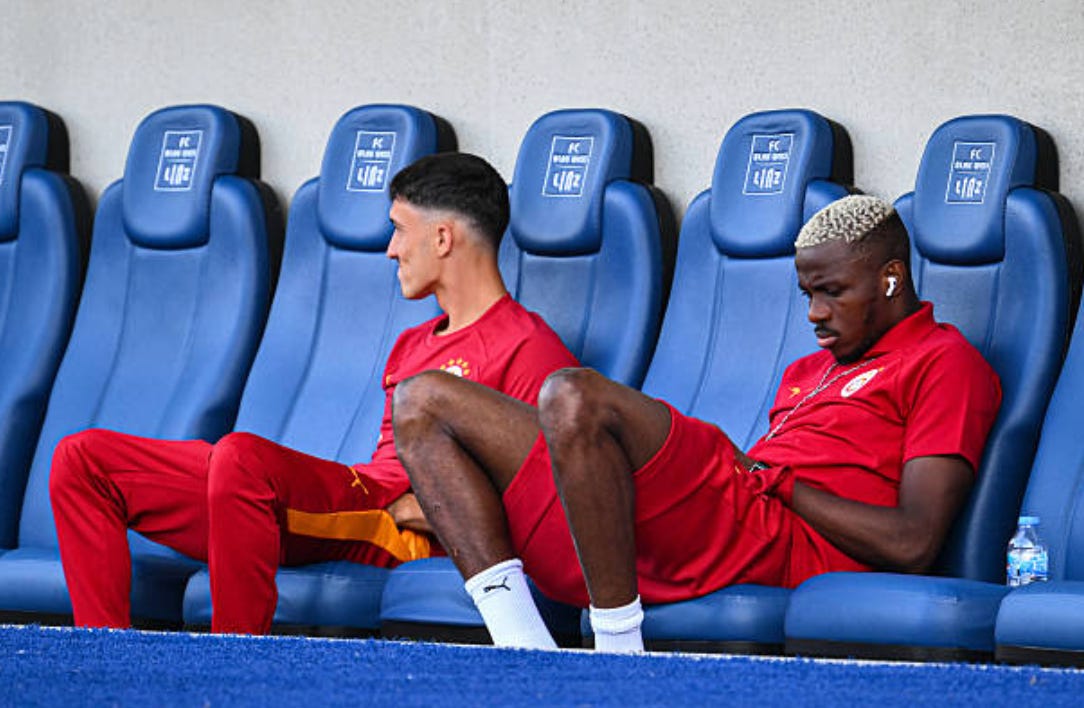 LINZ, AUSTRIA - JULY 27: Victor Osimhen (R) of Galatasaray is seen after the team arrived at Hofmann Personal Stadion ahead of a pre-season friendly against Italy's Venezia FC in Linz, Austria, on July 27, 2026. (Photo by Akin Celiktas/Anadolu via Getty Images)