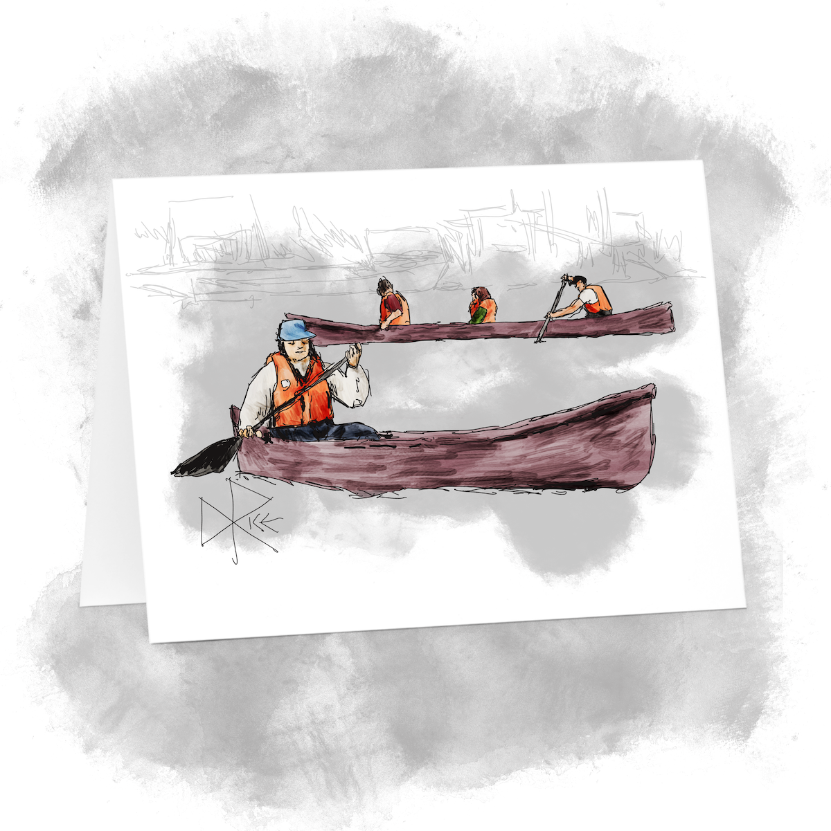 A solo paddler in a canoe, and a trio in another canoe closer to shore enjoy a lovely day on the water. Sketch art by Don Rice. A solo paddler in a canoe, and a trio in another canoe closer to shore enjoy a lovely day on the water. Sketch art by Don Rice.