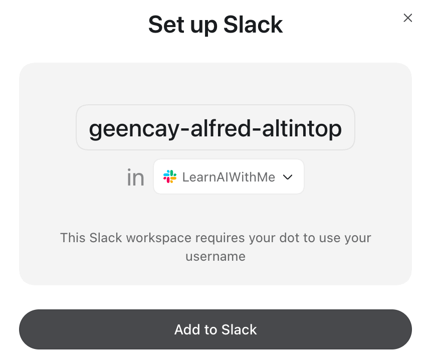 Set up Slack screen adding geencay-alfred-altintop to the LearnAIWithMe workspace