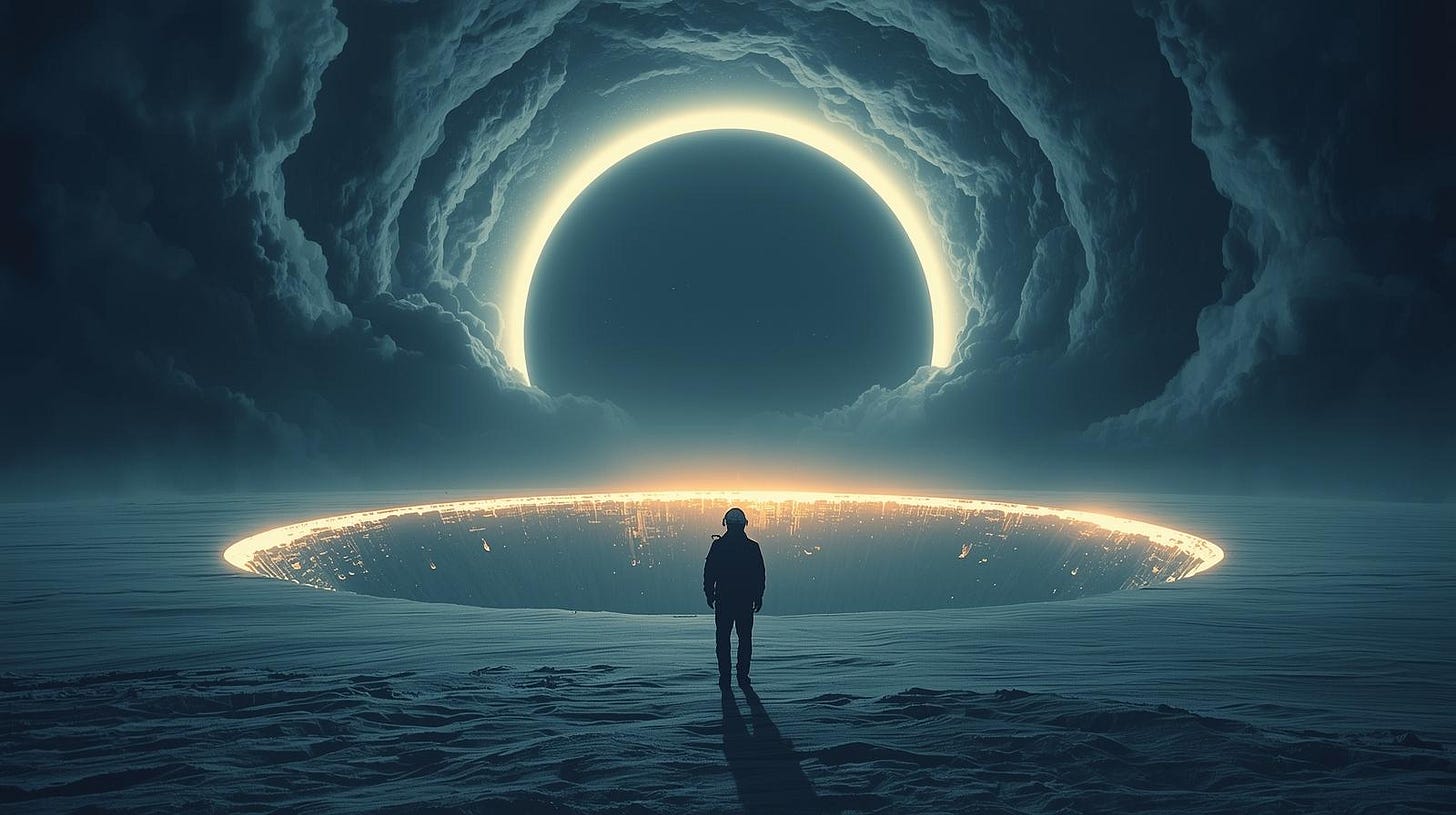 A solitary figure in a flight suit stands before a massive, circular crater emitting a golden glow. Above, a huge dark sphere—like an eclipsed sun—rises within swirling storm clouds, creating an eerie, surreal sci-fi landscape.