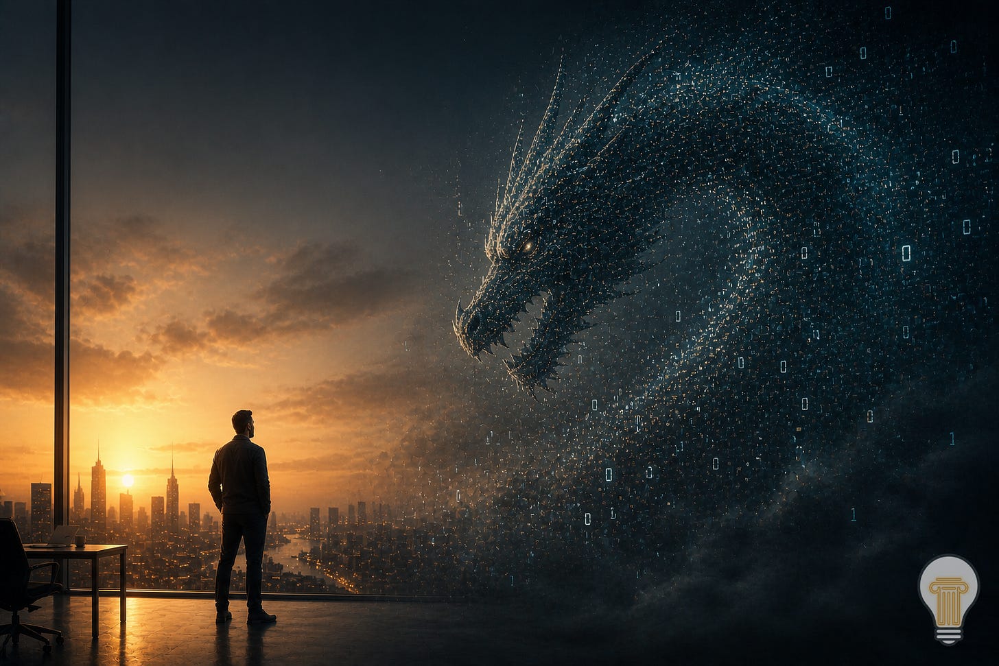 Cinematic illustration of a mid-career professional standing in a modern office overlooking a city skyline at sunset, facing a large abstract dragon formed from digital particles, data, and code. The scene contrasts warm human light with cool technological tones, symbolising AI anxiety, uncertainty, and the evolving relationship between human judgement and artificial intelligence in the future of work. Cinematic illustration of a mid-career professional standing in a modern office overlooking a city skyline at sunset, facing a large abstract dragon formed from digital particles, data, and code. The scene contrasts warm human light with cool technological tones, symbolising AI anxiety, uncertainty, and the evolving relationship between human judgement and artificial intelligence in the future of work.