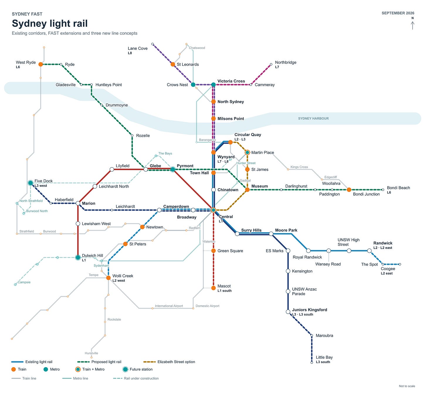 Figure 1. Sydney light rail: operating L1–L3, their proposed extensions, L6–L8 and the Elizabeth Street option.
