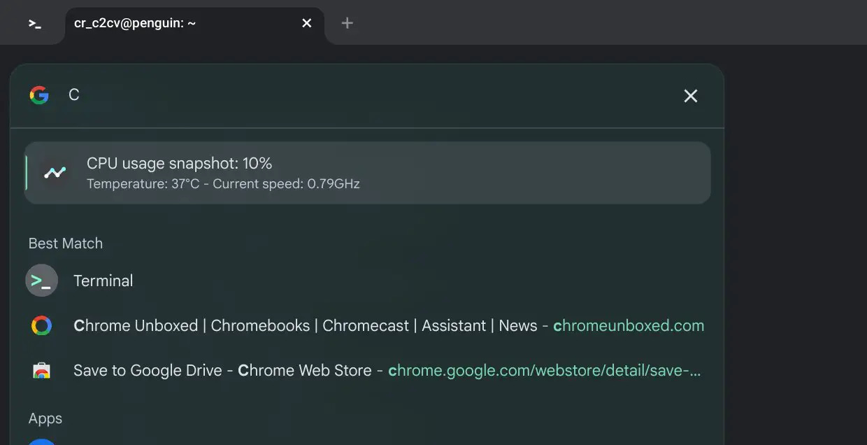 Chromebook Diagnostics in the ChromeOS Launcher showing CPU usage