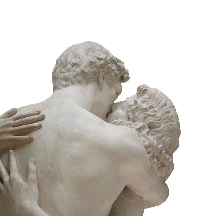 This may contain: two statues are hugging each other in front of a white background