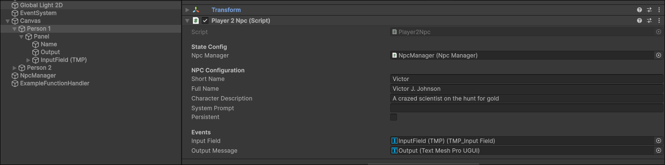 Player2Npc inspector settings